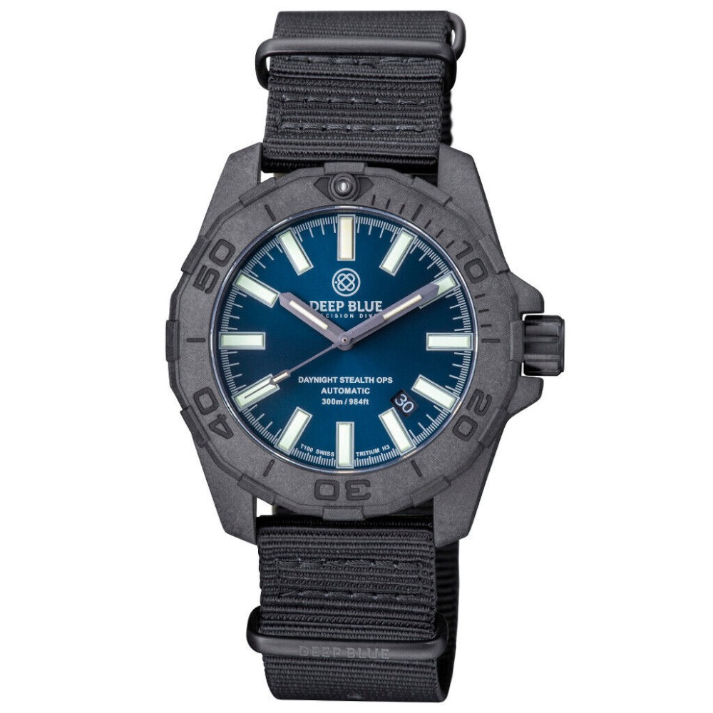 Deep Blue DayNight Stealth Ops Black Carbon Case Diver Automatic 44mm Watch NH35 - Click Image to Close