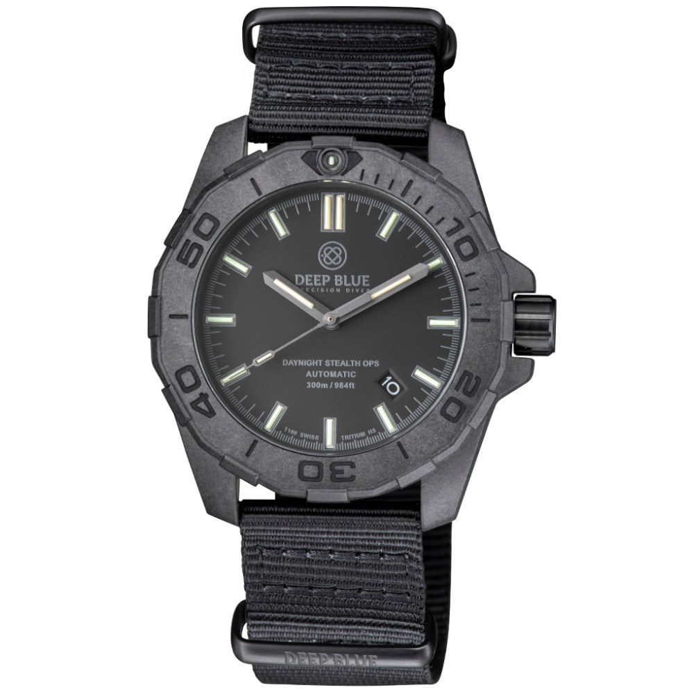 Deep Blue DayNight Stealth Ops Carbon Diver Automatic Watch Black Flat Tubes 44 - Click Image to Close