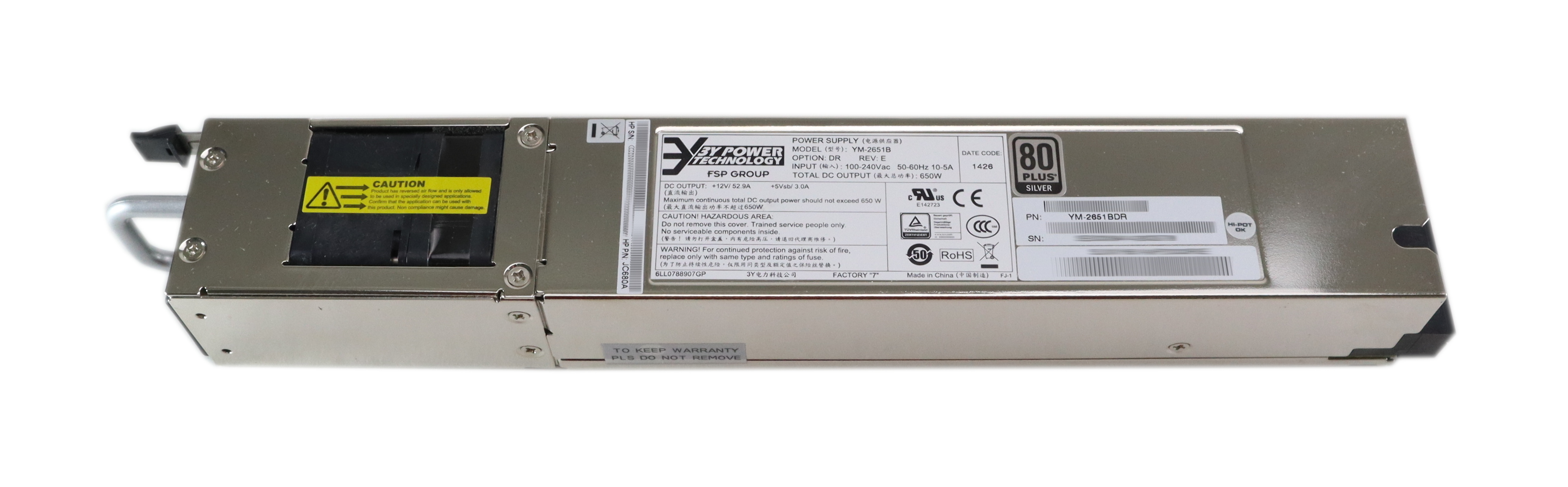 HP AC Power Supply PSU 80+ Silver YM-2651B 100-240V 10-5A 650W A58x0AF JC680A