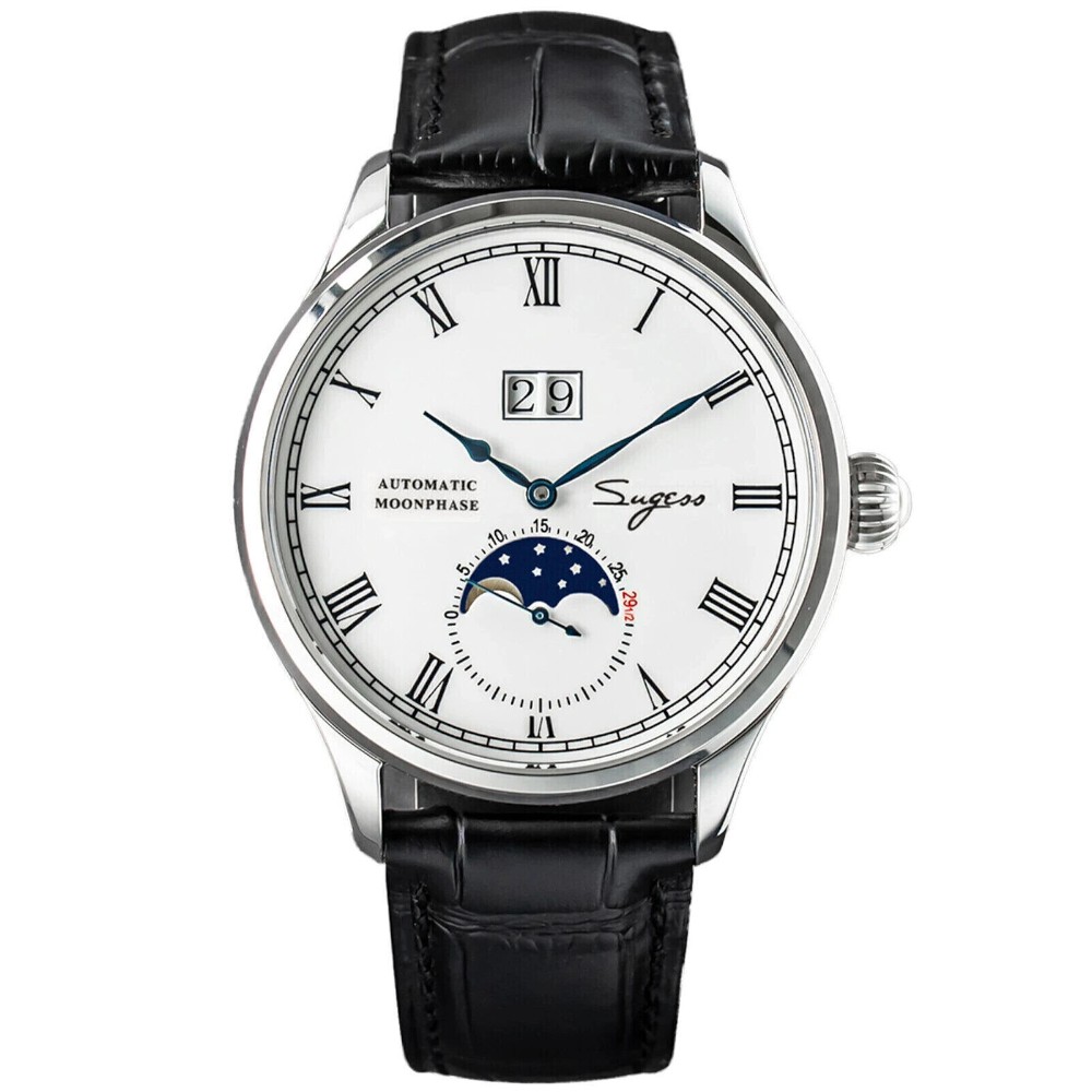 Sugess MoonPhase Master 41mm White Enamel Dial Automatic Classic Luxury Dress Watch SU2528SS