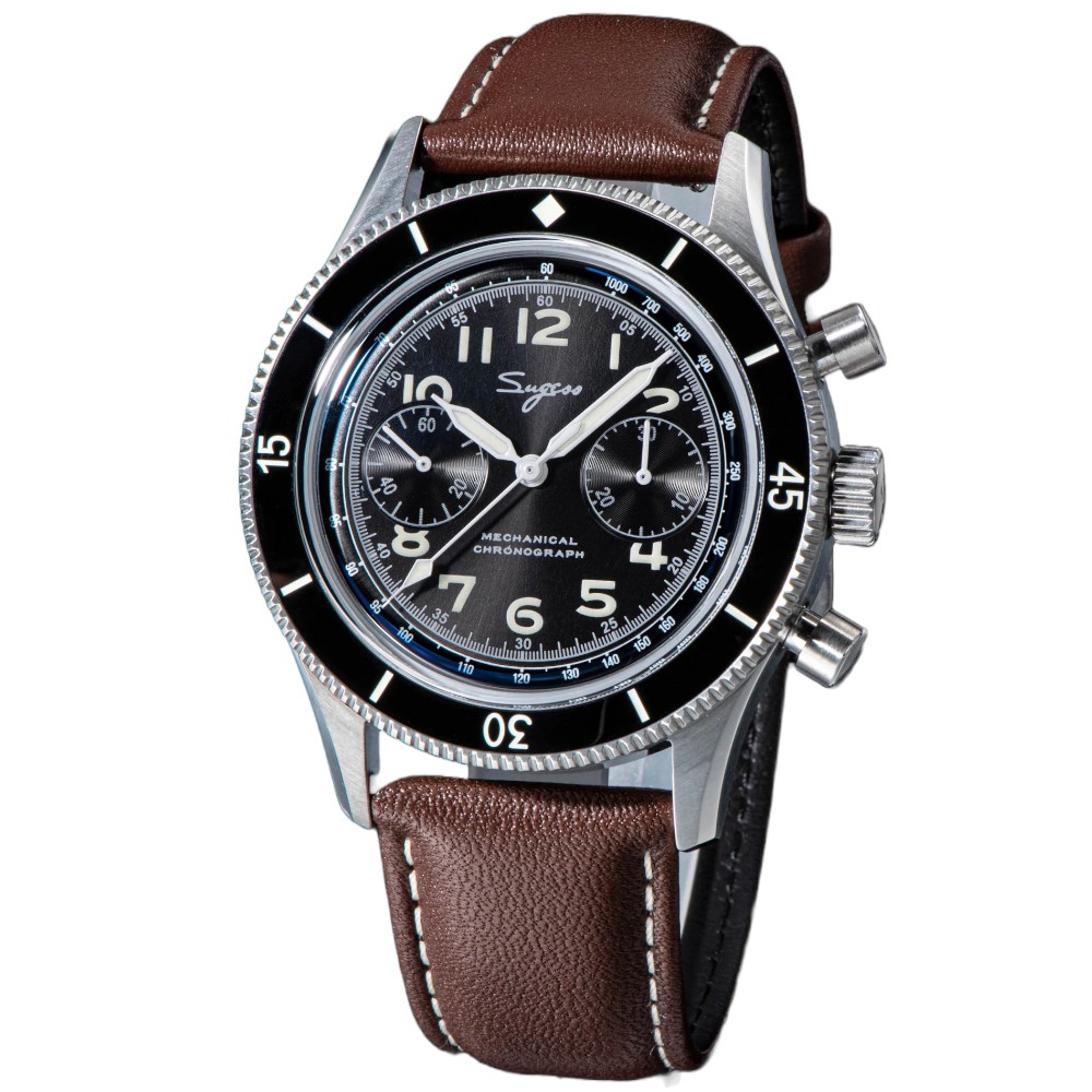 Sugess Chrono Heritage 423 Chronograph Black Dial 42mm WR50 Manual Men Watch S423 - Click Image to Close