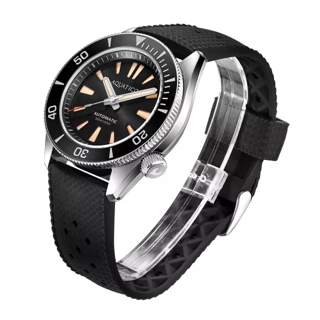 Aquatico Poseidon Automatic Men's Diver Watch Black Dial / Black Strap - Click Image to Close