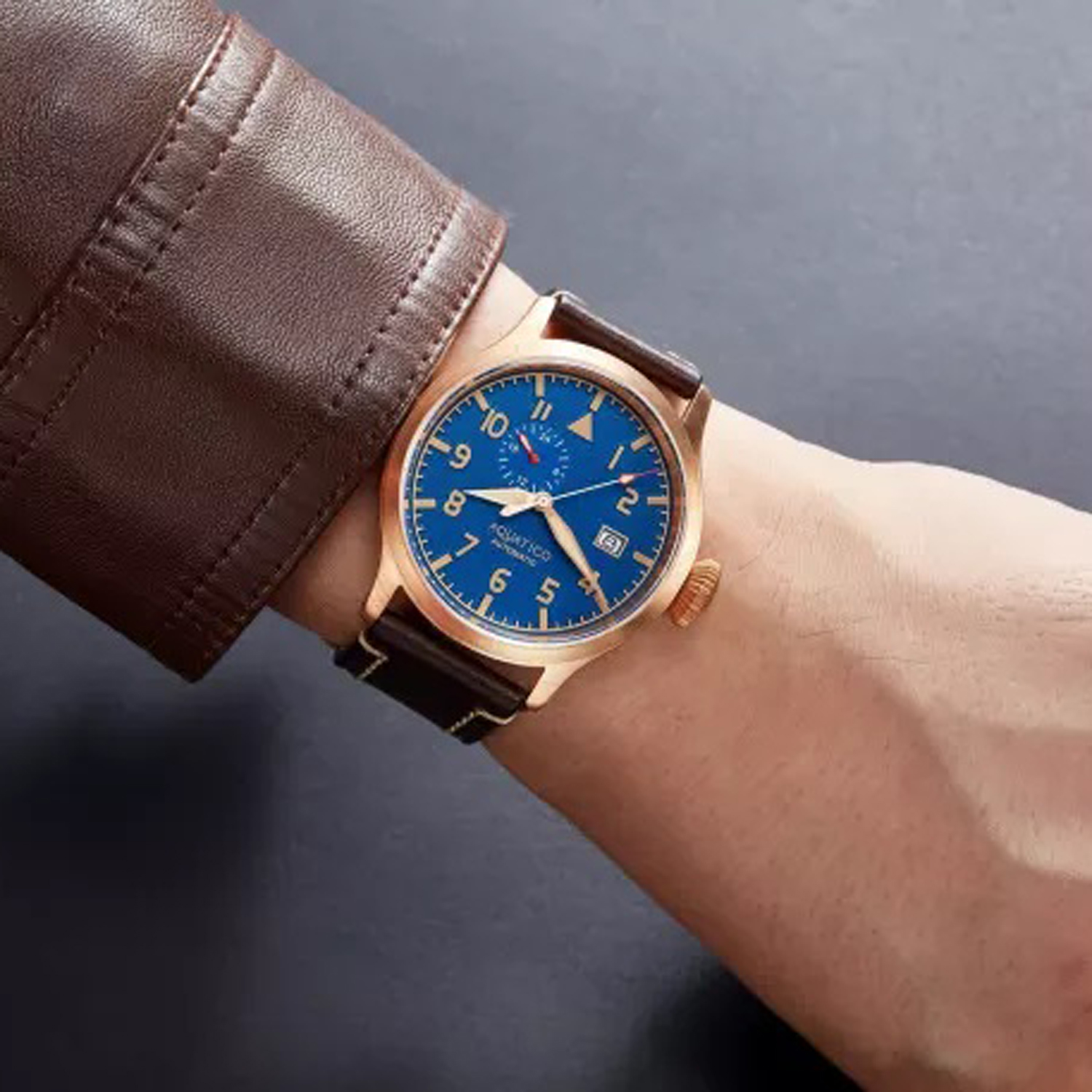 Aquatico Big Pilot 43mm Bronze Blue Dial Automatic Men's Watch - Click Image to Close