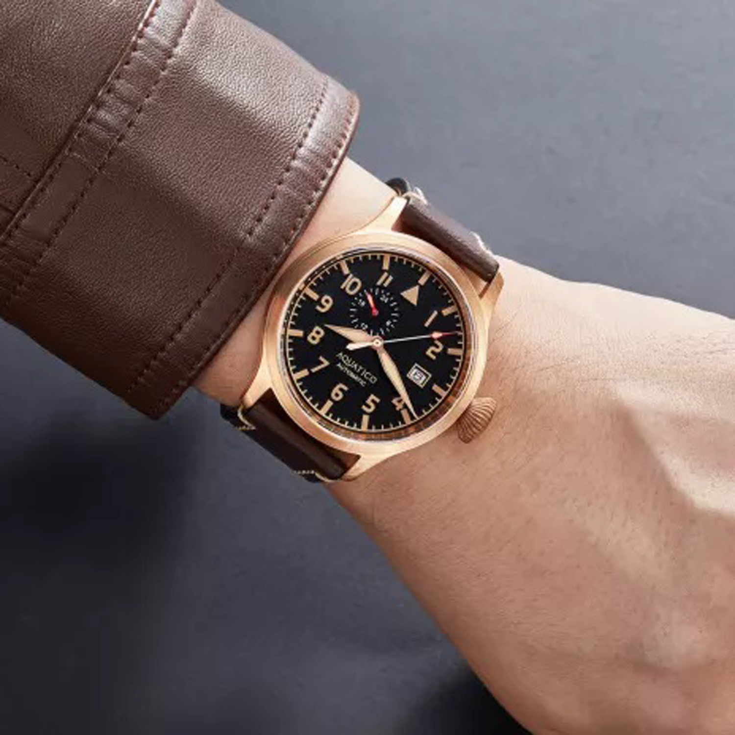 Aquatico Big Pilot 43mm Bronze Black Dial Automatic Men's Watch