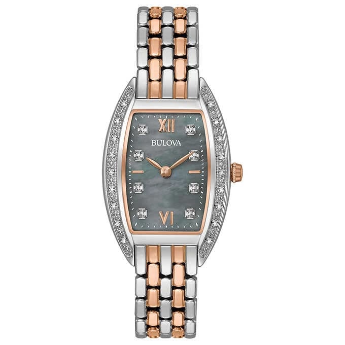 Bulova Tonneau Two-Tone Black Mother of Pearl Dial Ladies Watch 98R232 - Click Image to Close