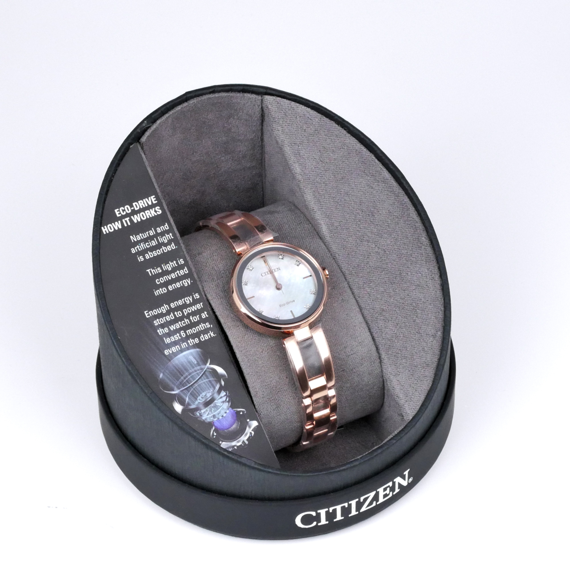 Citizen Eco-Drive Rose Gold Stainless Steel Ladies Watch EM0803-55D - Click Image to Close
