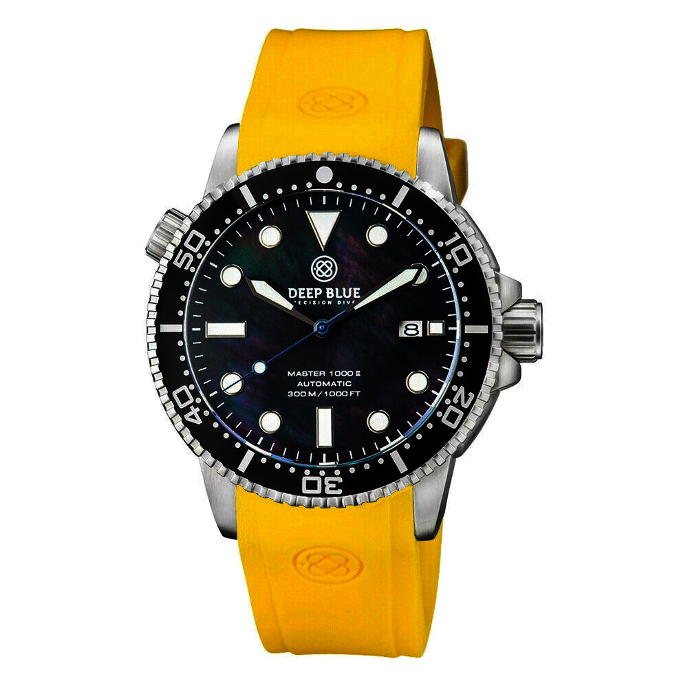 Deep Blue Master 1000 II 44mm Automatic Diver Watch Black Ceramic Bezel/Black Mother of Pearl Dial/Yellow Silicone Band - Click Image to Close