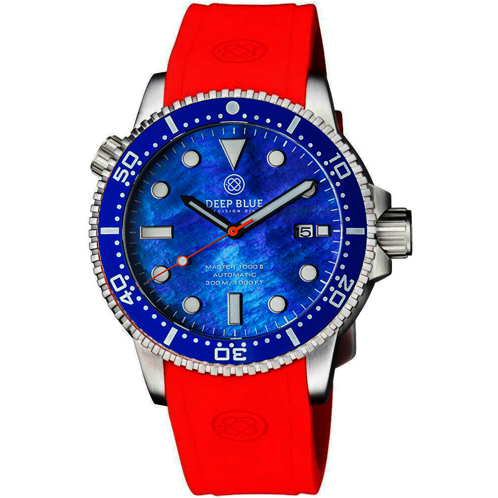 Deep Blue Master 1000 II 44mm Automatic Diver Watch Blue Ceramic Bezel/Blue Mother of Pearl Dial/Red Silicone Band - Click Image to Close