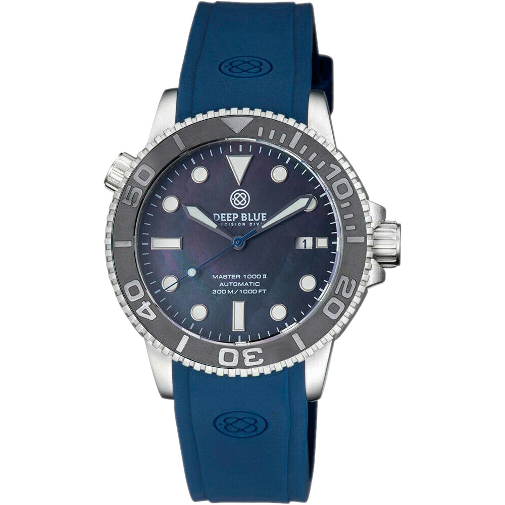 Deep Blue Master 1000 44mm Automatic Men Diver Watch Black Mother of Pearl Blue Silicone Strap