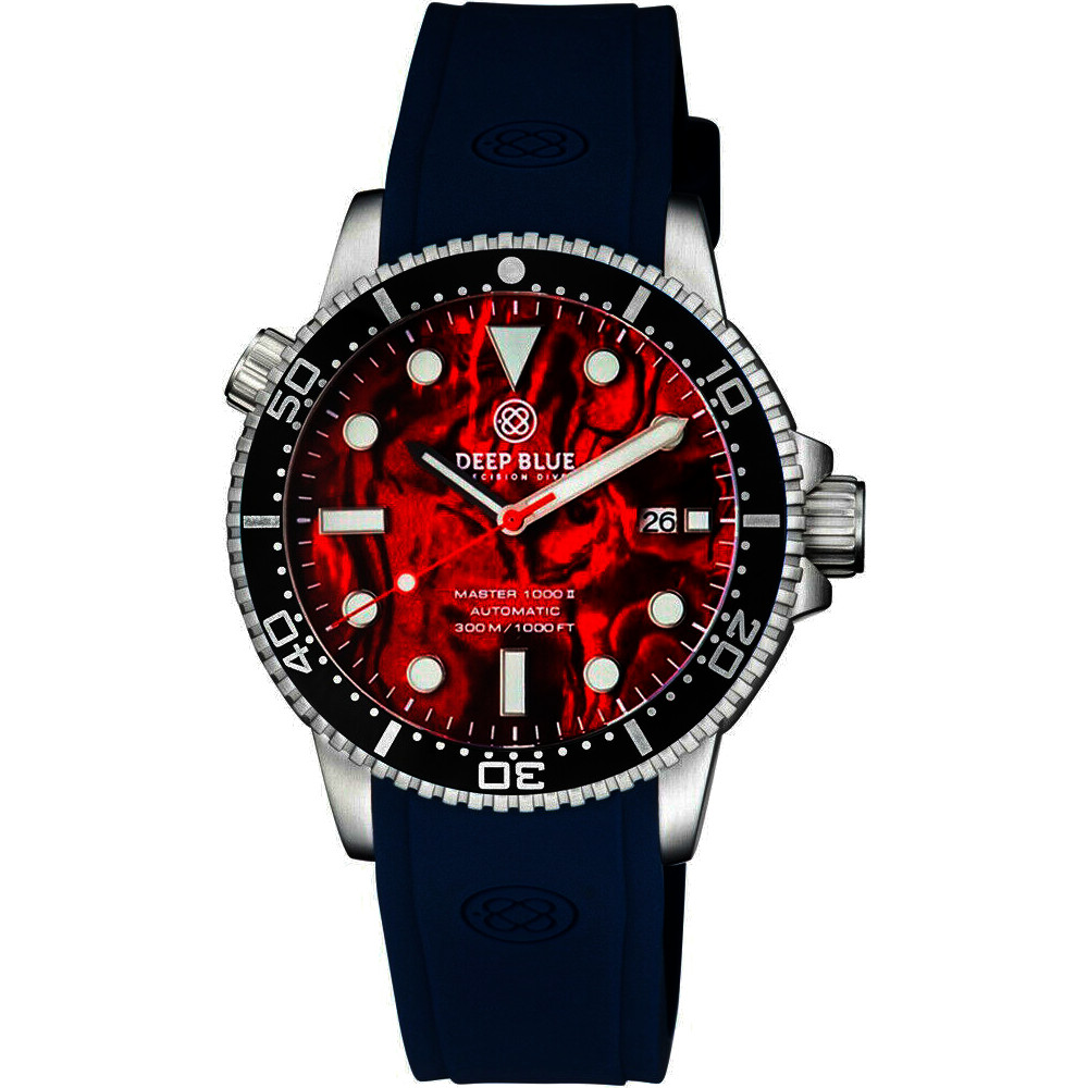 Deep Blue Master 1000 II 44mm Automatic Diver Watch Black Ceramic Bezel/Red Abalone Dial/Blue Silicone Band - Click Image to Close