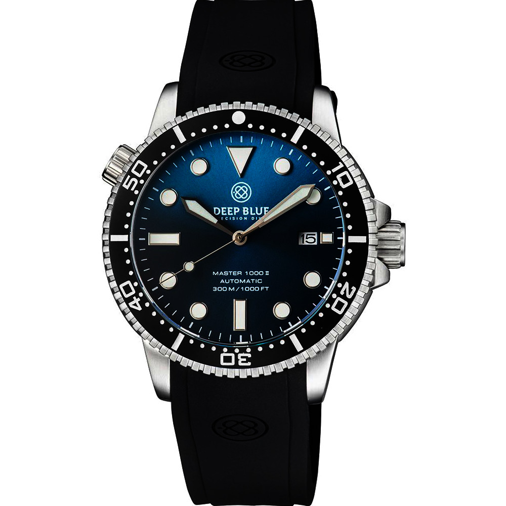Deep Blue Master 1000 II 44mm Automatic Diver Watch Black Ceramic Bezel/Sunray Teal Blue Dial/Black Silicone Band