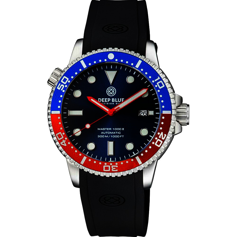 Deep Blue Master 1000 II 44mm Automatic Diver Watch Blue-Red Bezel/Dark-Blue Dial/Black Silicone Band - Click Image to Close