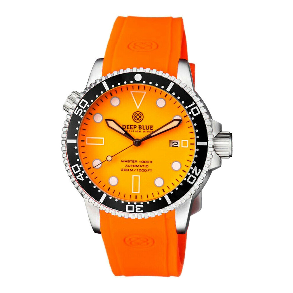 Deep Blue Master 1000 II 44mm Automatic Diver Watch Black Ceramic Bezel/Full Luminous Orange Dial/Orange Silicone Band - Click Image to Close