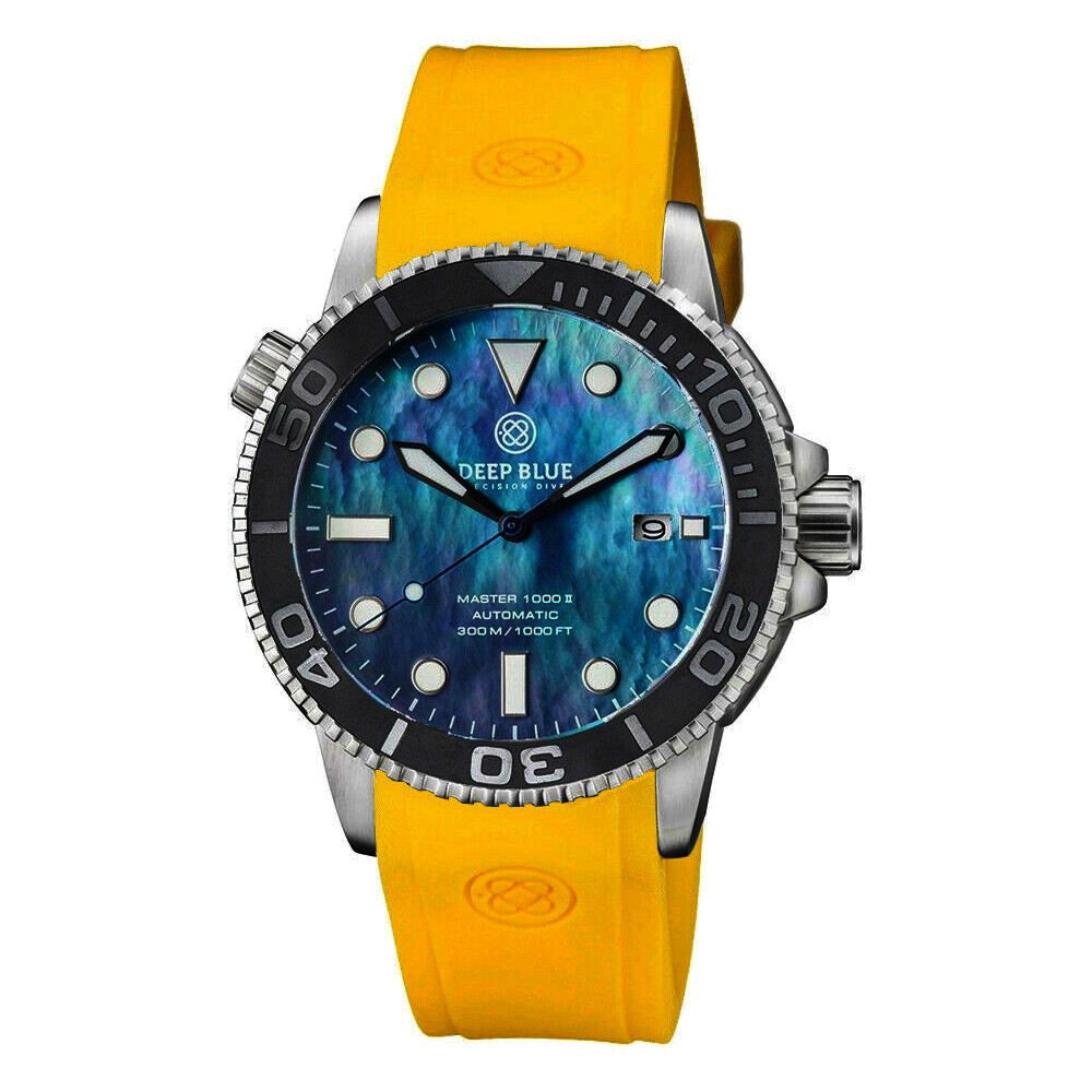 Deep Blue Master 1000 II 44mm Automatic Diver Watch Gray Bezel/Platinum Mother of Pearl Dial/Yellow Silicone Band - Click Image to Close