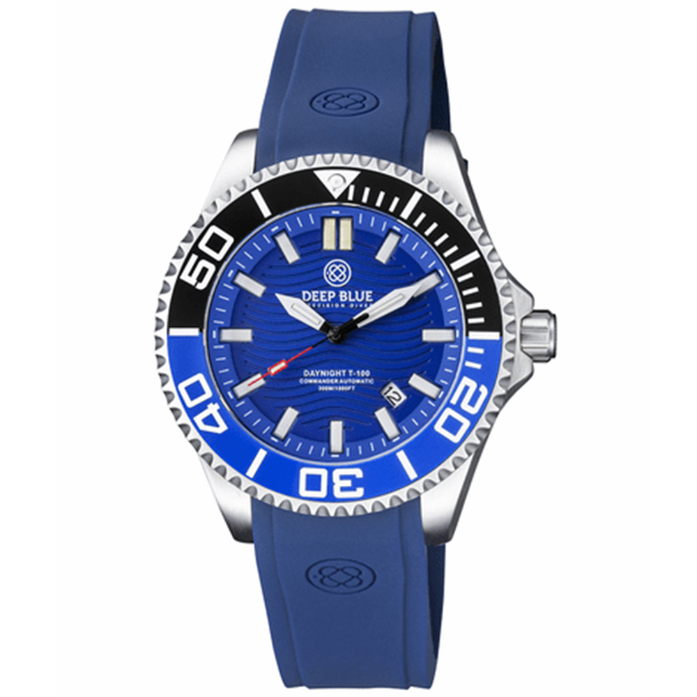 Deep Blue DayNight T-100 Commander Automatic Men's Diver Watch Black-Blue Bezel/Blue Dial - Click Image to Close