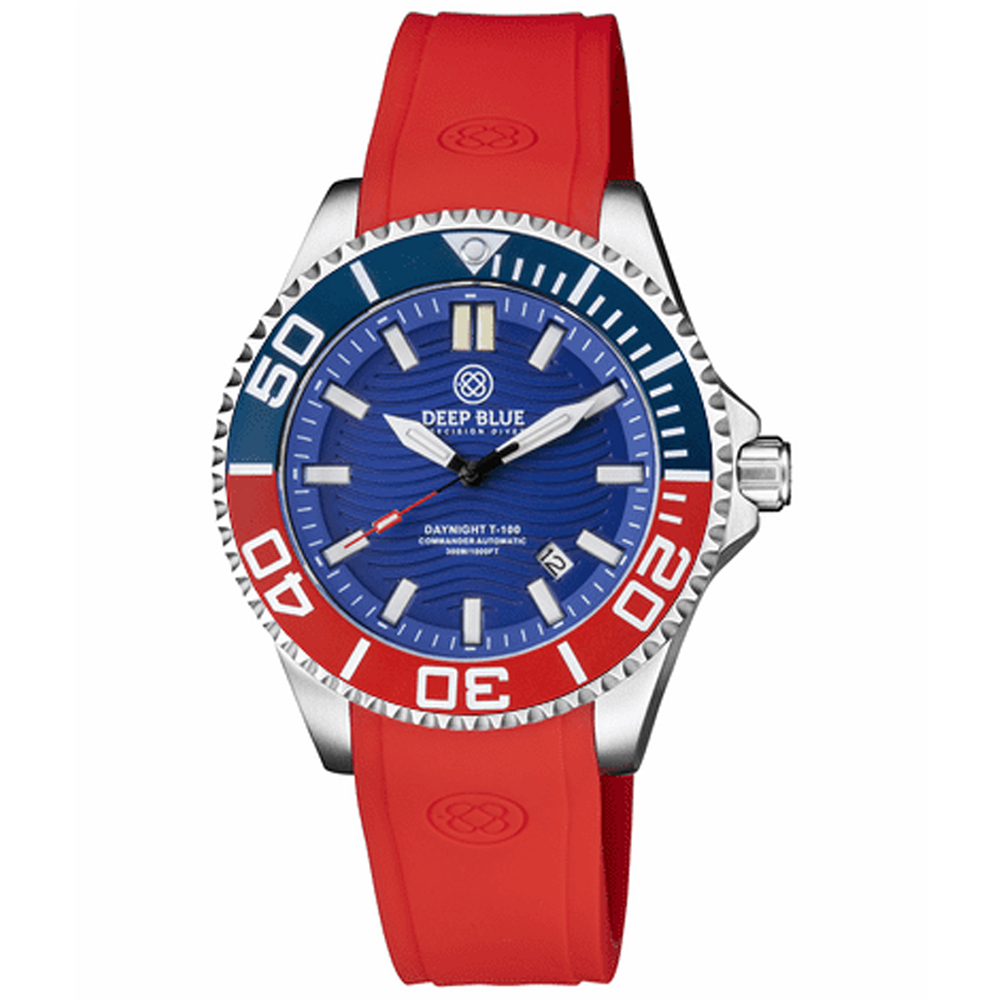 Deep Blue DayNight T-100 Commander Automatic Men's Diver Watch Blue-Red Bezel/Blue Dial