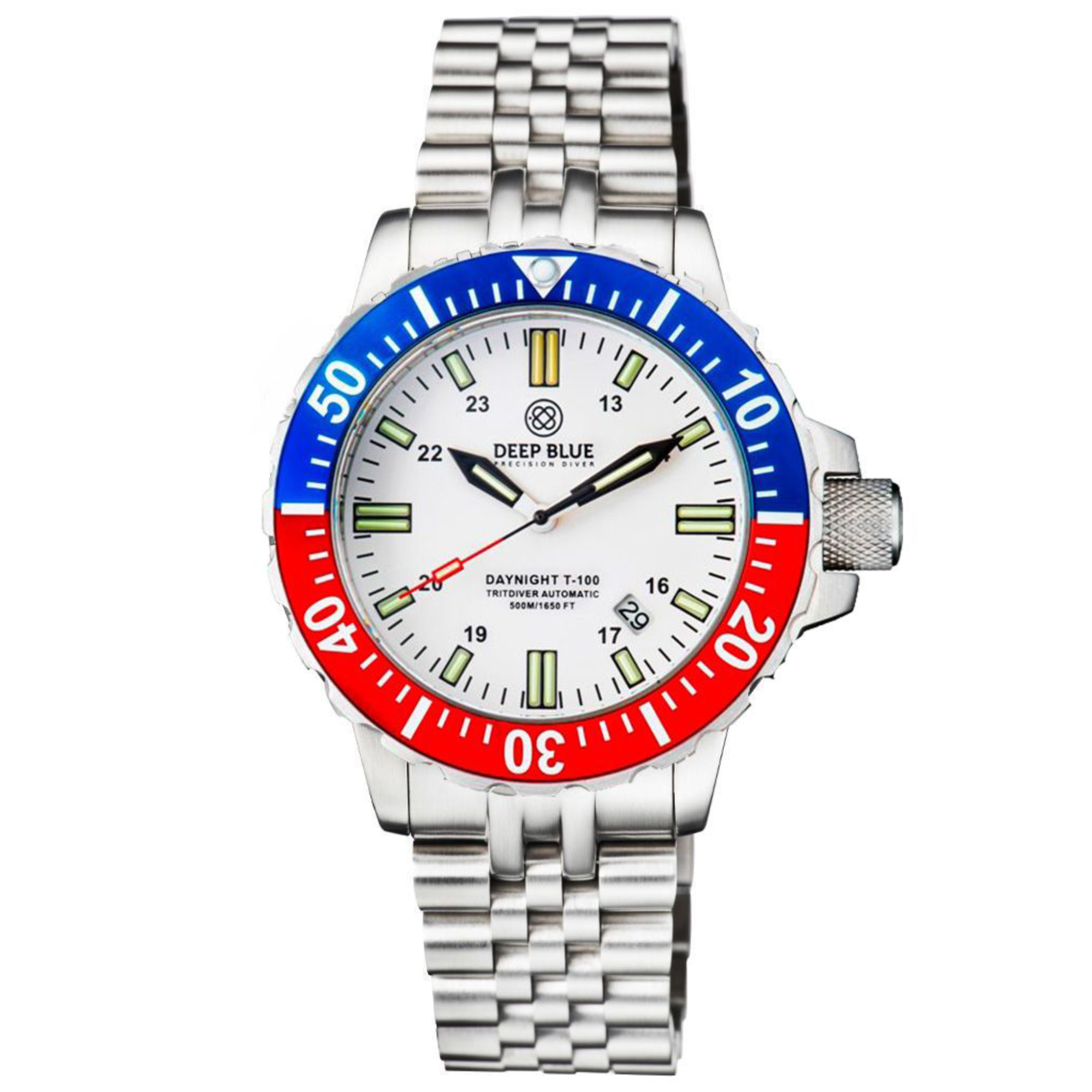 Deep Blue DayNight 41 Tritdiver T-100 Automatic Men's Diver Watch Blue-Red Bezel/White Dial