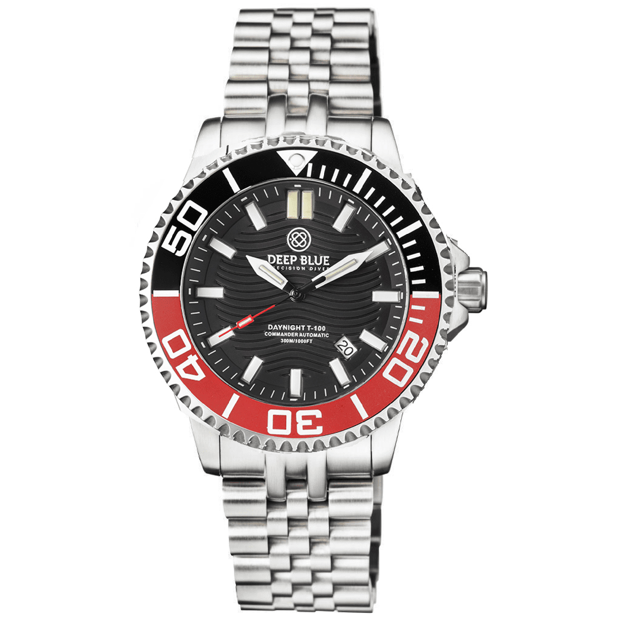 Deep Blue DayNight Commander T-100 Automatic Men's Diver Watch Black-Red Bezel/Black Dial