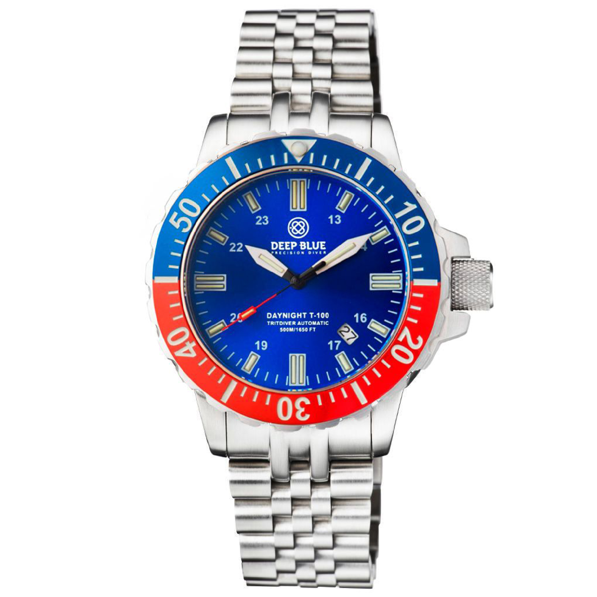 Deep Blue DayNight 41 Tritdiver T-100 Automatic Men's Diver Watch Blue-Red Bezel/Blue Dial - Click Image to Close