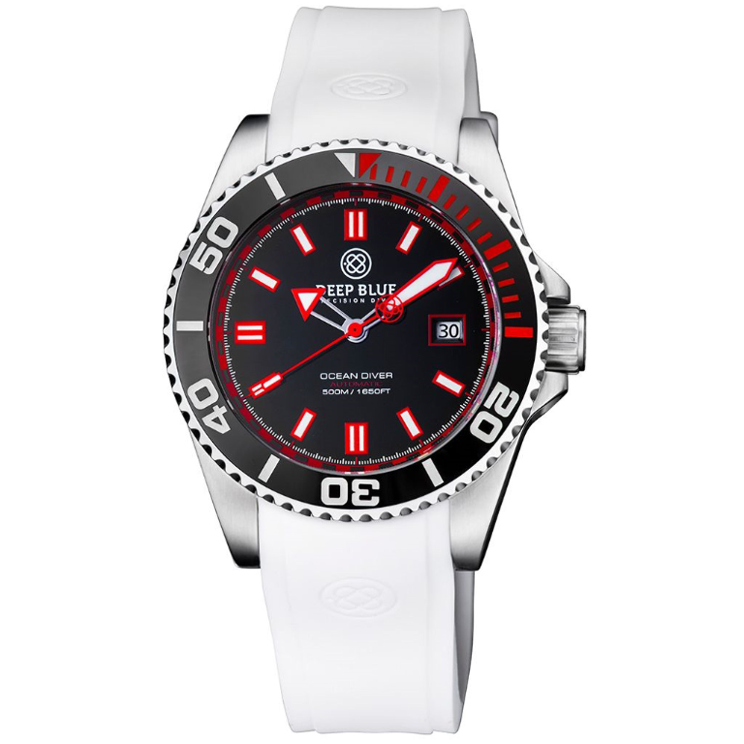 Deep Blue Ocean Diver 500 Automatic Men's Diver Watch Black-Red Bezel / Black-Red Dial - Click Image to Close