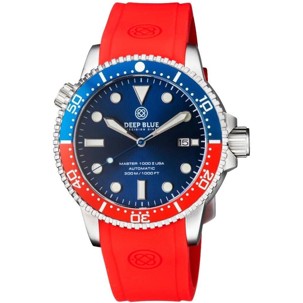 Deep Blue Master 1000 44mm Automatic Mens Diver Watch Black Blue Red Strap Pepsi
