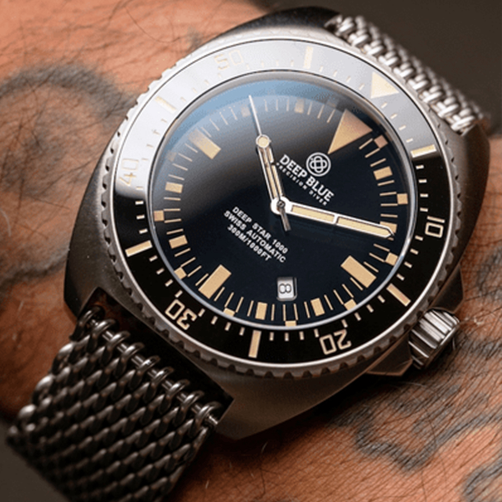 Deep Blue Deep Star 1000 Expedition 45mm Automatic Swiss Movement Men's Diver Watch Black Vintage Dial - Click Image to Close