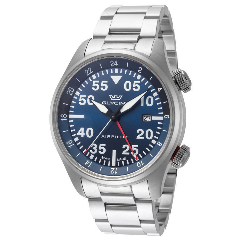 Glycine Airpilot GMT GL0348 Men's Swiss Pilot Aviator Watch 44mm Blue Dial Date