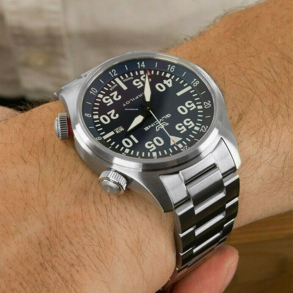 Glycine Airpilot GMT GL0348 Men's Swiss Pilot Aviator Watch 44mm Blue Dial Date