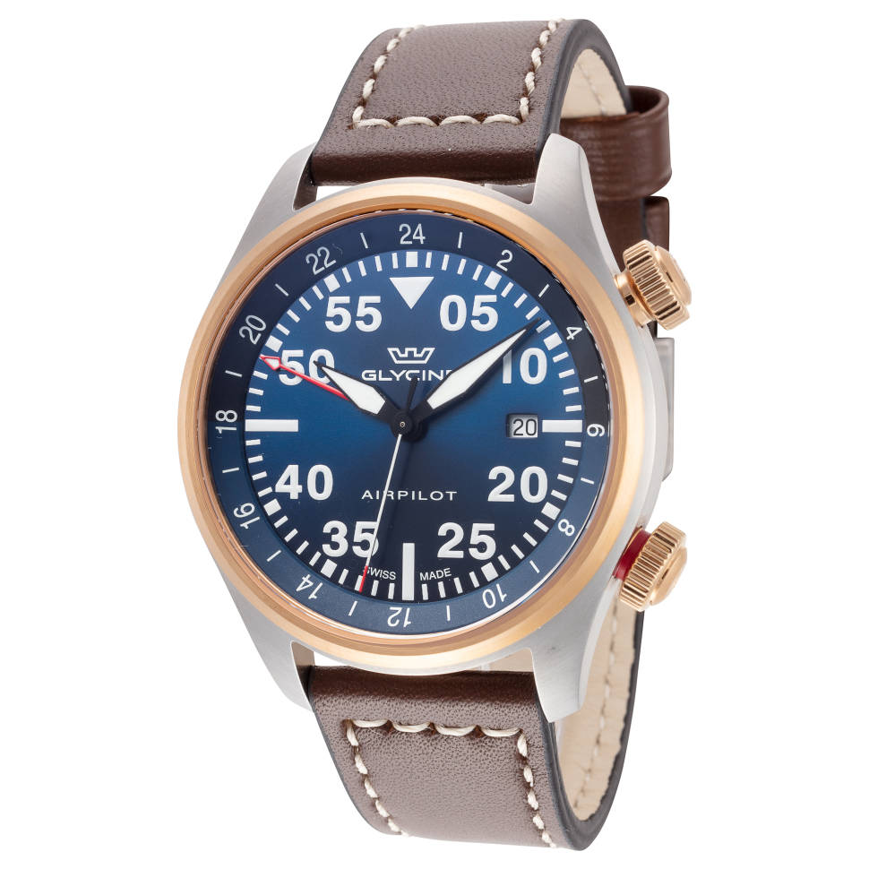 Glycine Airpilot GMT Swiss Men's Watch Blue Dial / Leather Strap GL0352 - Click Image to Close