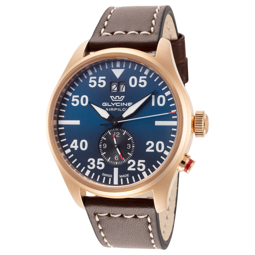 Glycine Airpilot Dual Time Chronograph Swiss Men's Watch Blue Dial / Leather strap GL0369 - Click Image to Close