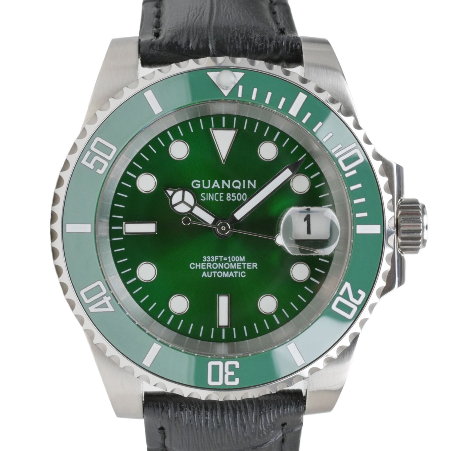 Guanqin Automatic Men's Watch Black Leather Strap / Green Dial GJ16133 - Click Image to Close