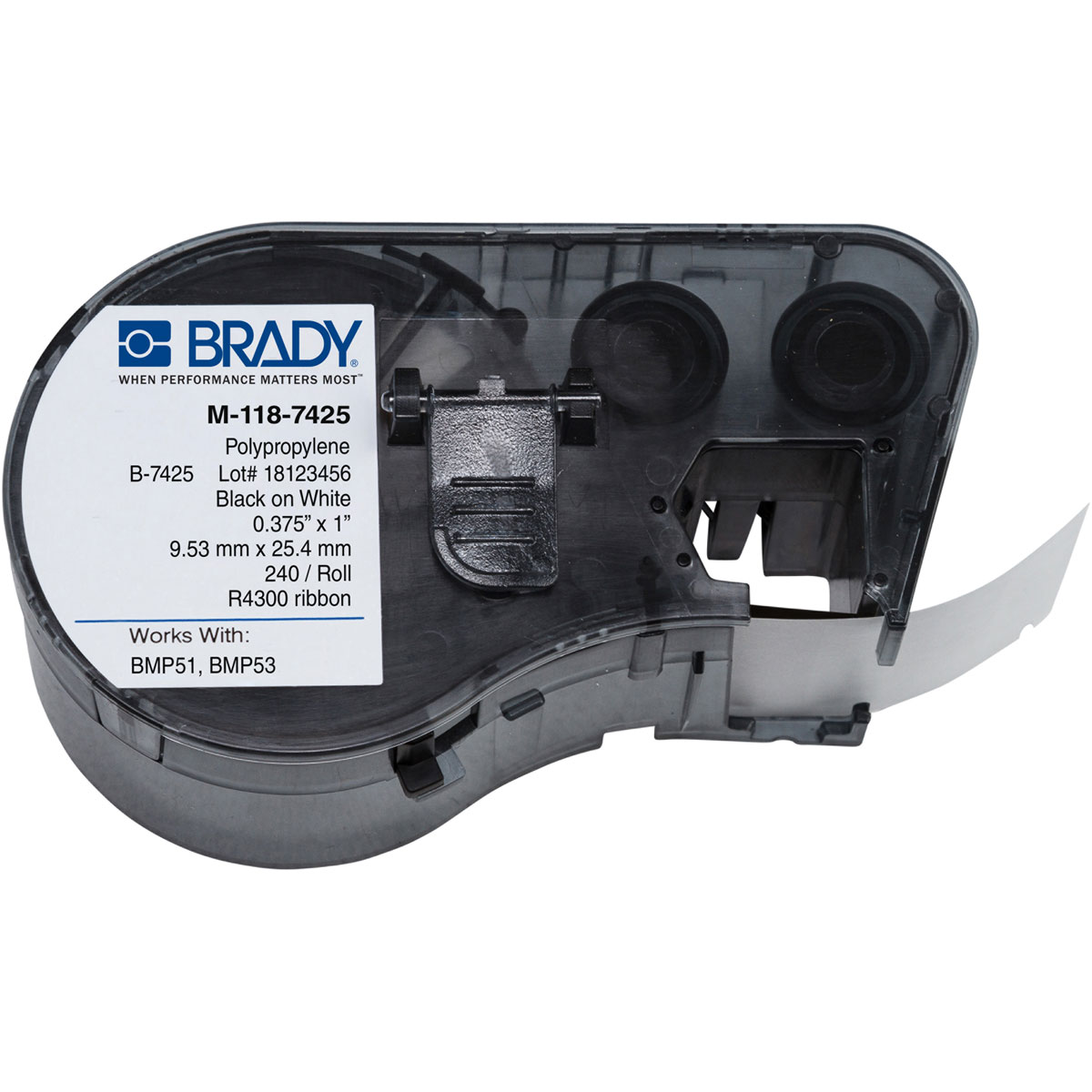 Brady M Series label cartridge 0.375" x 1.00" Polypropylene black on white for Brady BMP41 BMP51 BMP53 M-118-7425