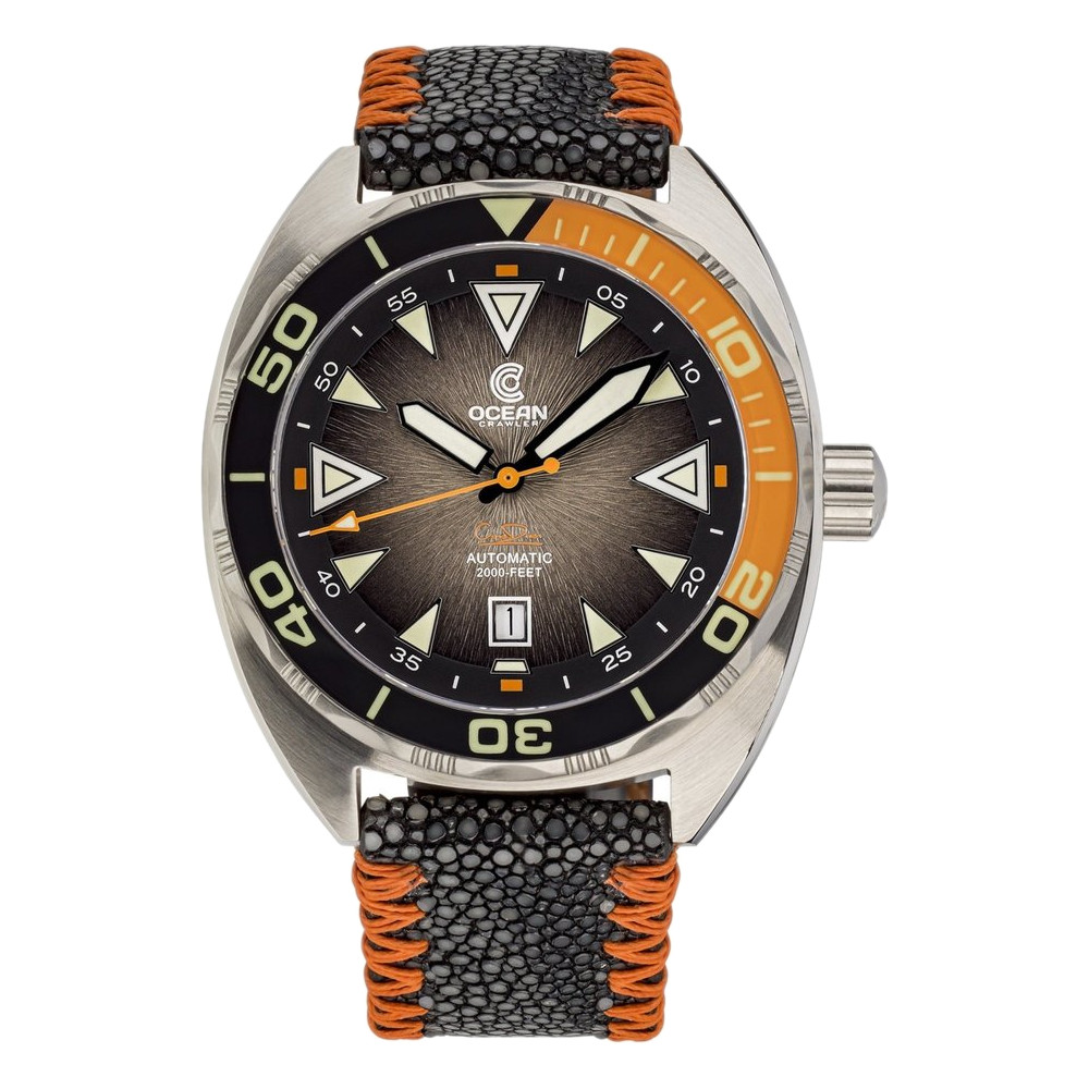 Ocean Crawler Core Automatic Diver Men's Watch 44mm Black-Orange Bezel/Black-Brown Dial Stingray Strap - Click Image to Close