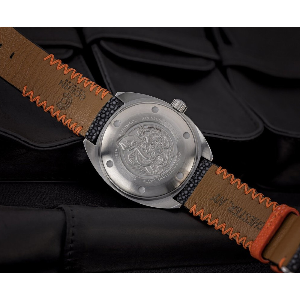 Ocean Crawler Core Automatic Diver Men's Watch 44mm Black-Orange Bezel/Black-Brown Dial Stingray Strap