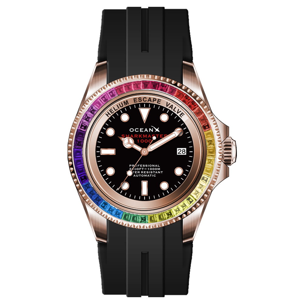 OceanX Sharkmaster 1000 Rainbow Automatic Men's Diver Watch 44mm Black Dial SMS1006 Limited Edition - Click Image to Close