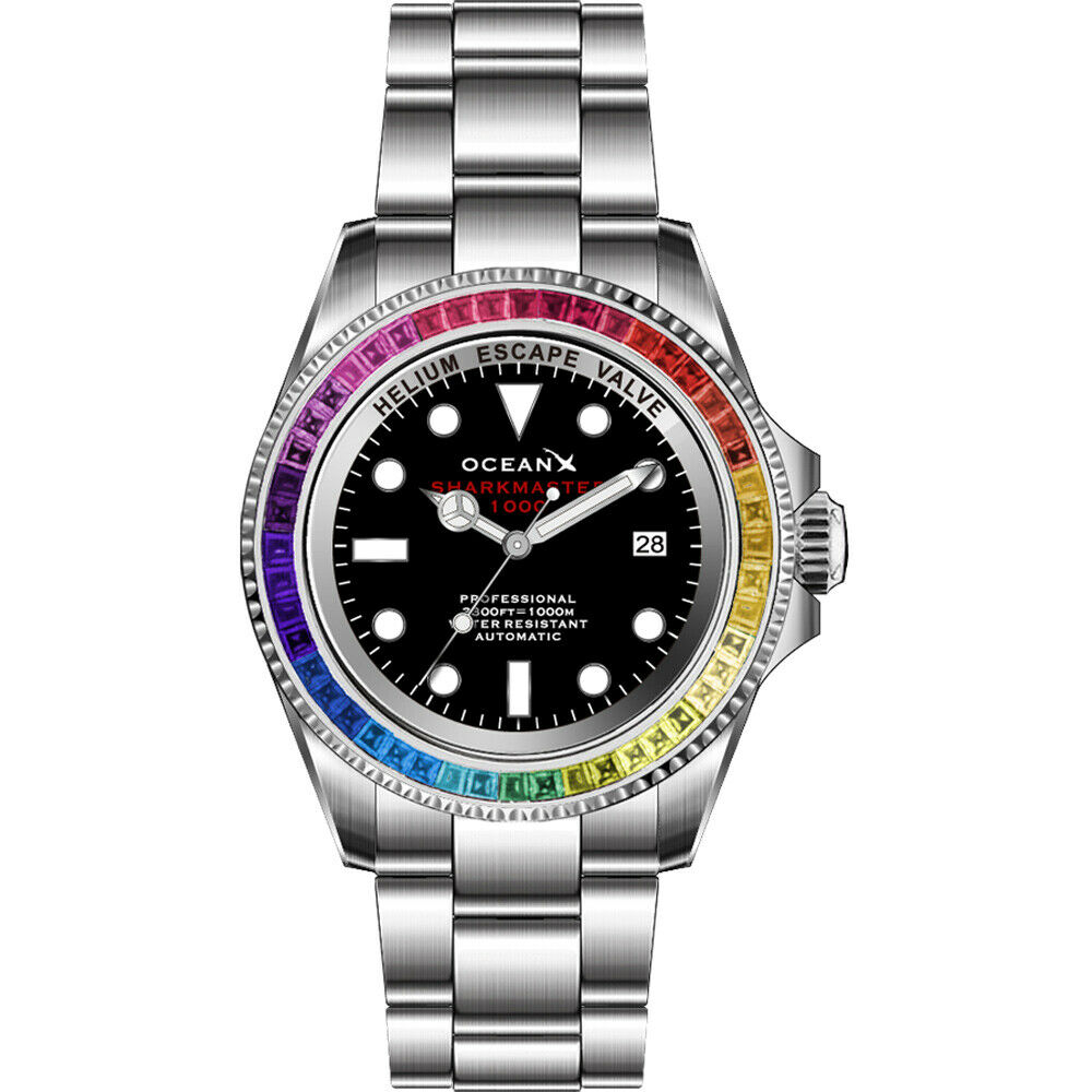 OceanX Sharkmaster 1000 Rainbow Automatic Men's Diver Watch 44mm Black Dial SMS1045 Limited Edition - Click Image to Close