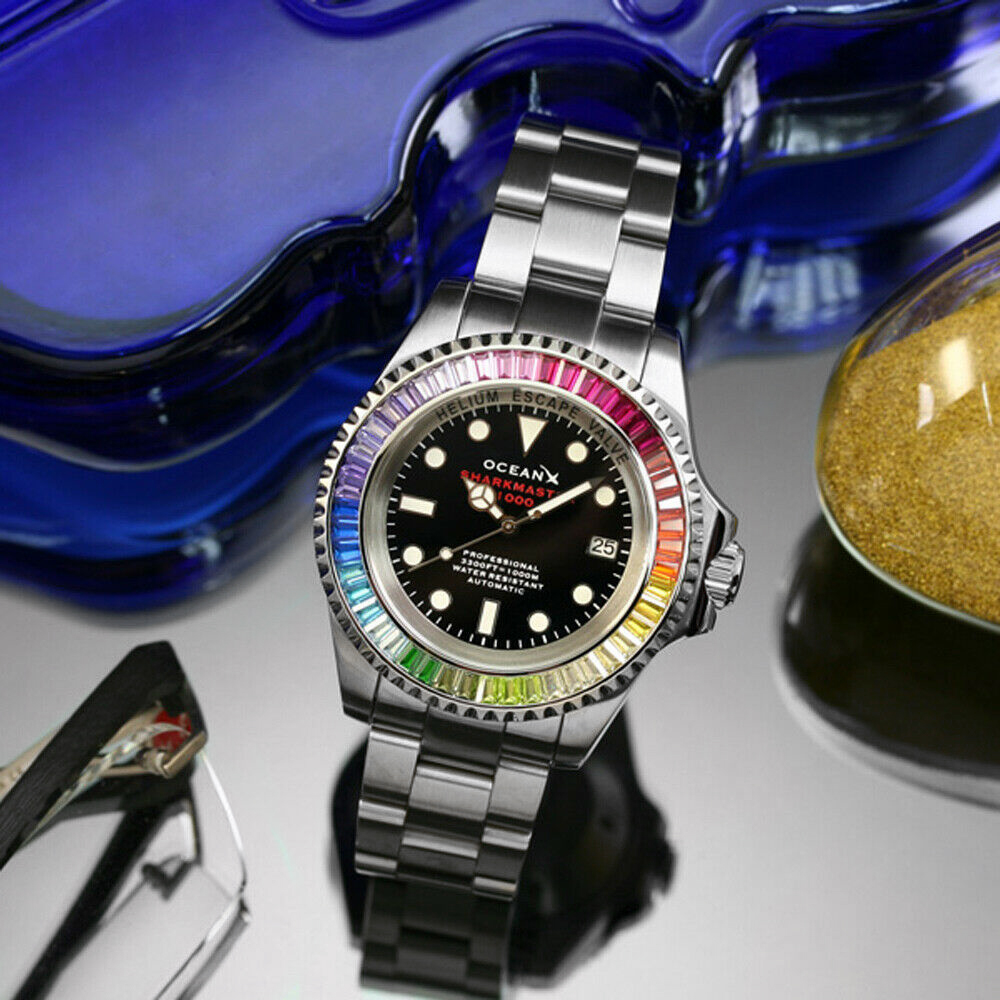 OceanX Sharkmaster 1000 Rainbow Automatic Men's Diver Watch 44mm Black Dial SMS1045 Limited Edition