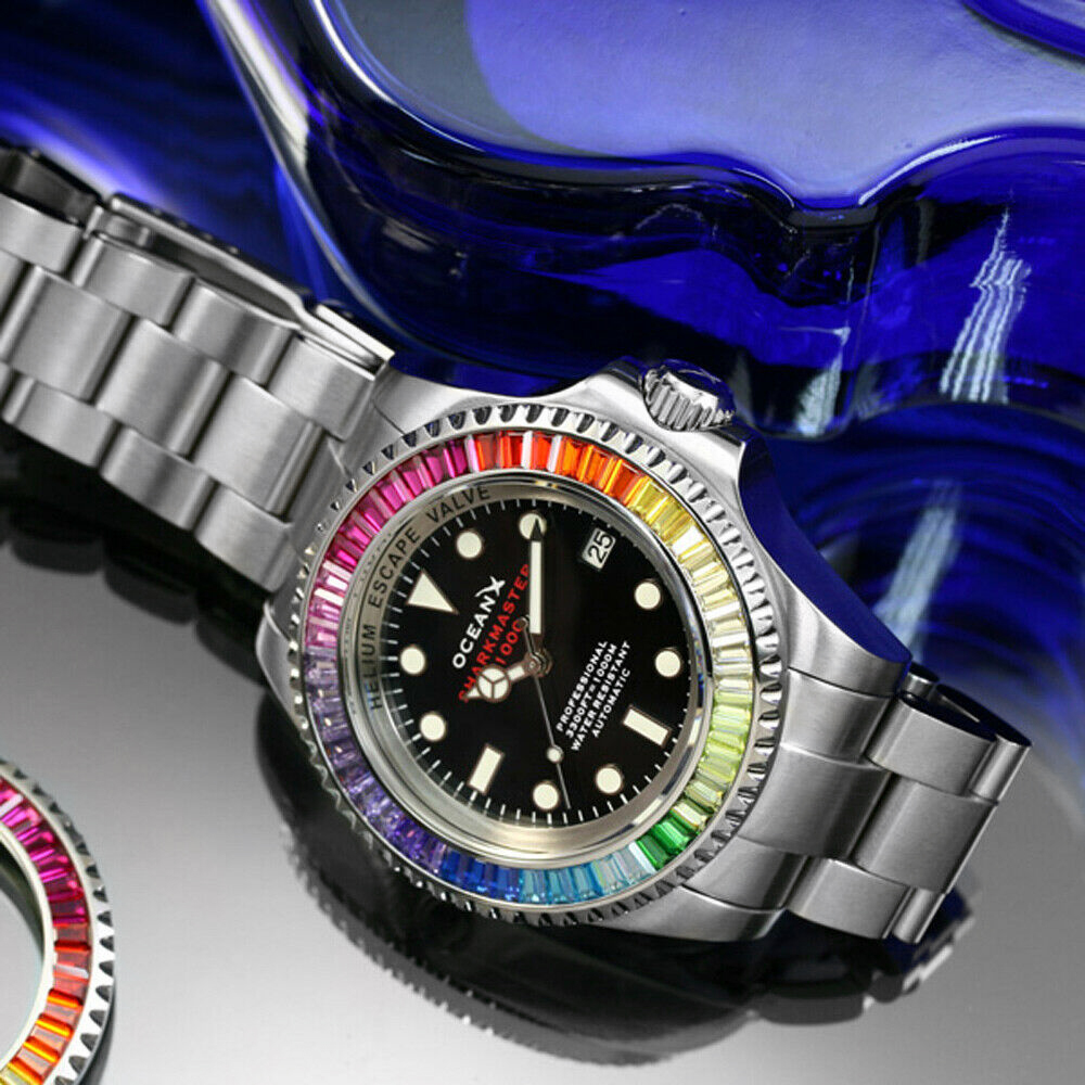 OceanX Sharkmaster 1000 Rainbow Automatic Men's Diver Watch 44mm Black Dial SMS1045 Limited Edition