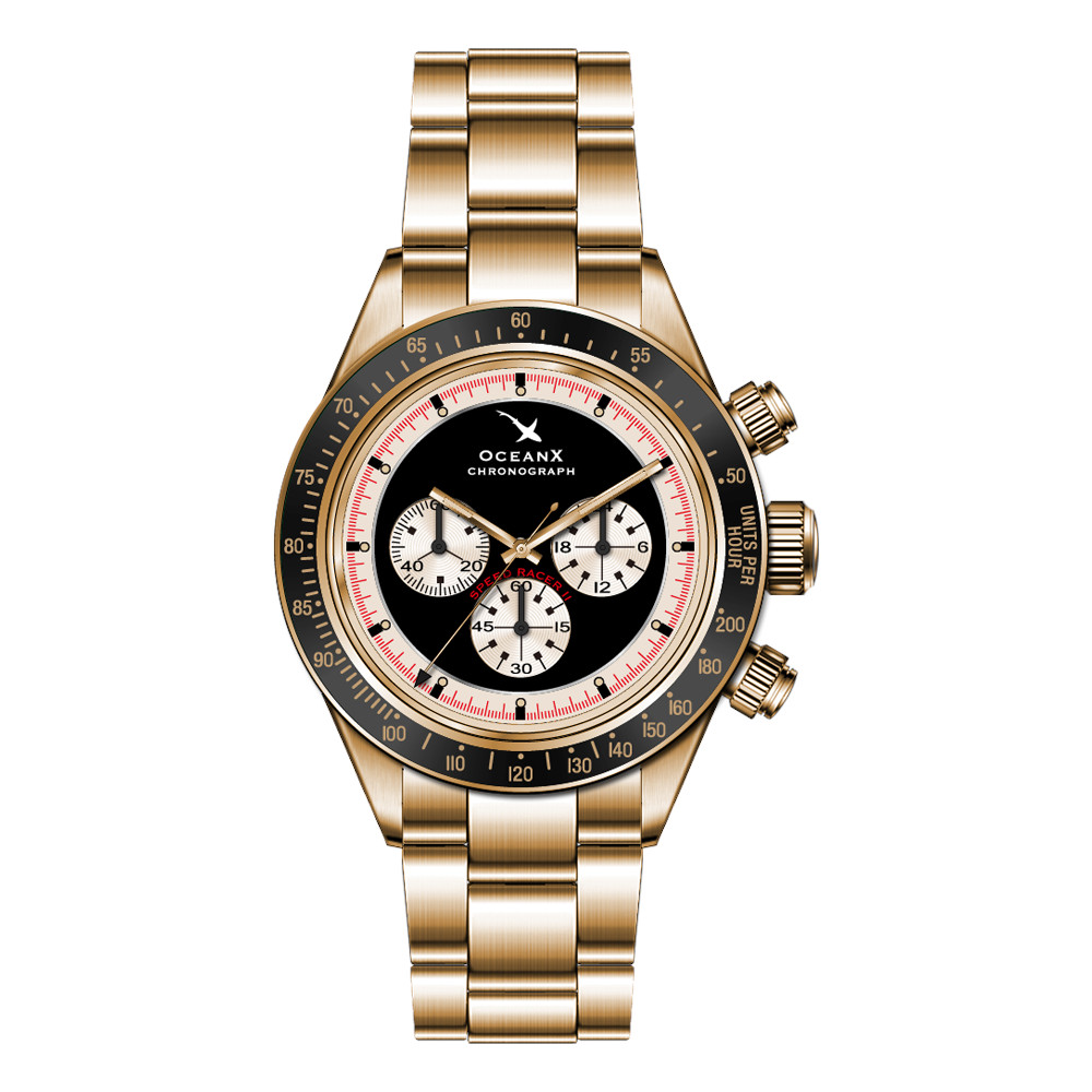 OceanX Speed Racer II Men's Watch 41.5mm WR 200m Gold-Black Ceramic Bezel/Black-Cream Dial SRS221