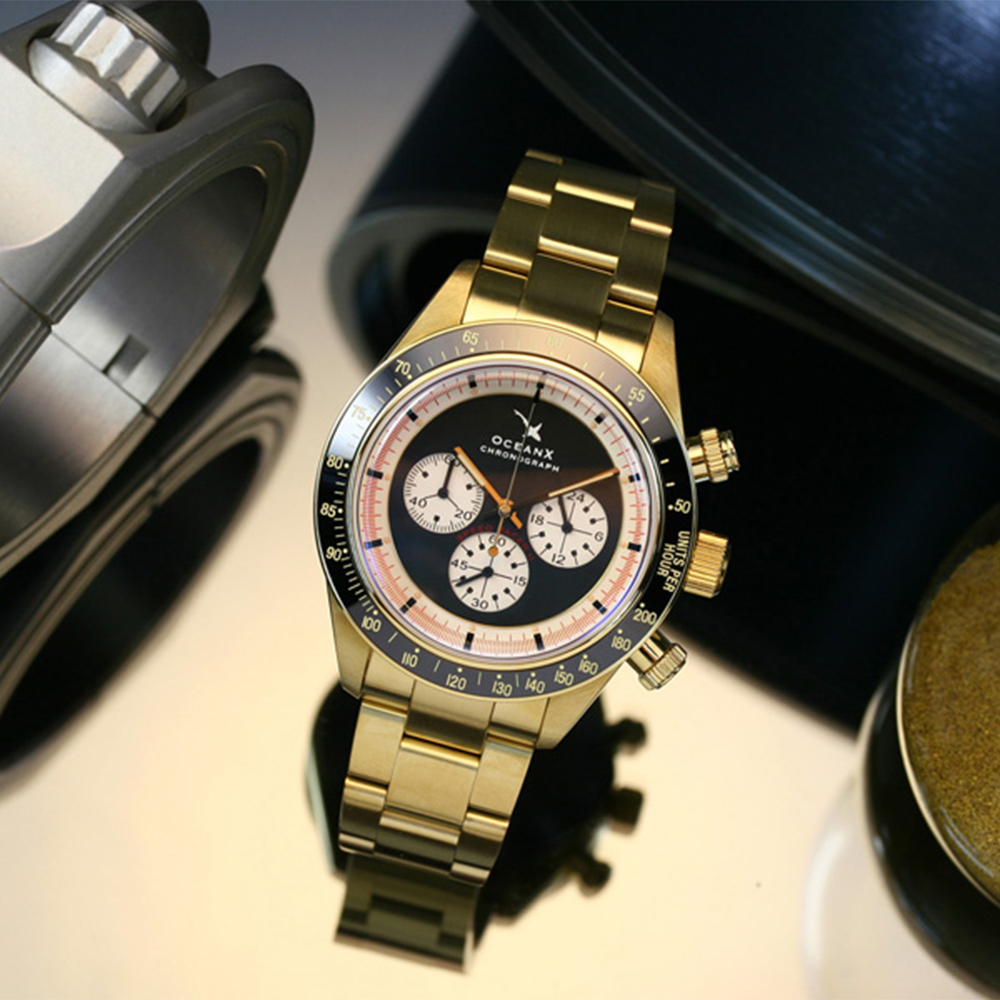 OceanX Speed Racer II Men's Watch 41.5mm WR 200m Gold-Black Ceramic Bezel/Black-Cream Dial SRS221 - Click Image to Close