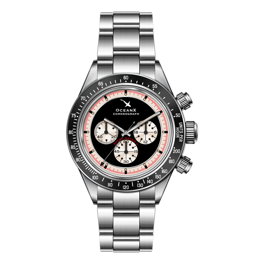 OceanX Speed Racer II Men's Watch 41.5mm WR 200m Bezel Steel & Black Ceramic SRS211