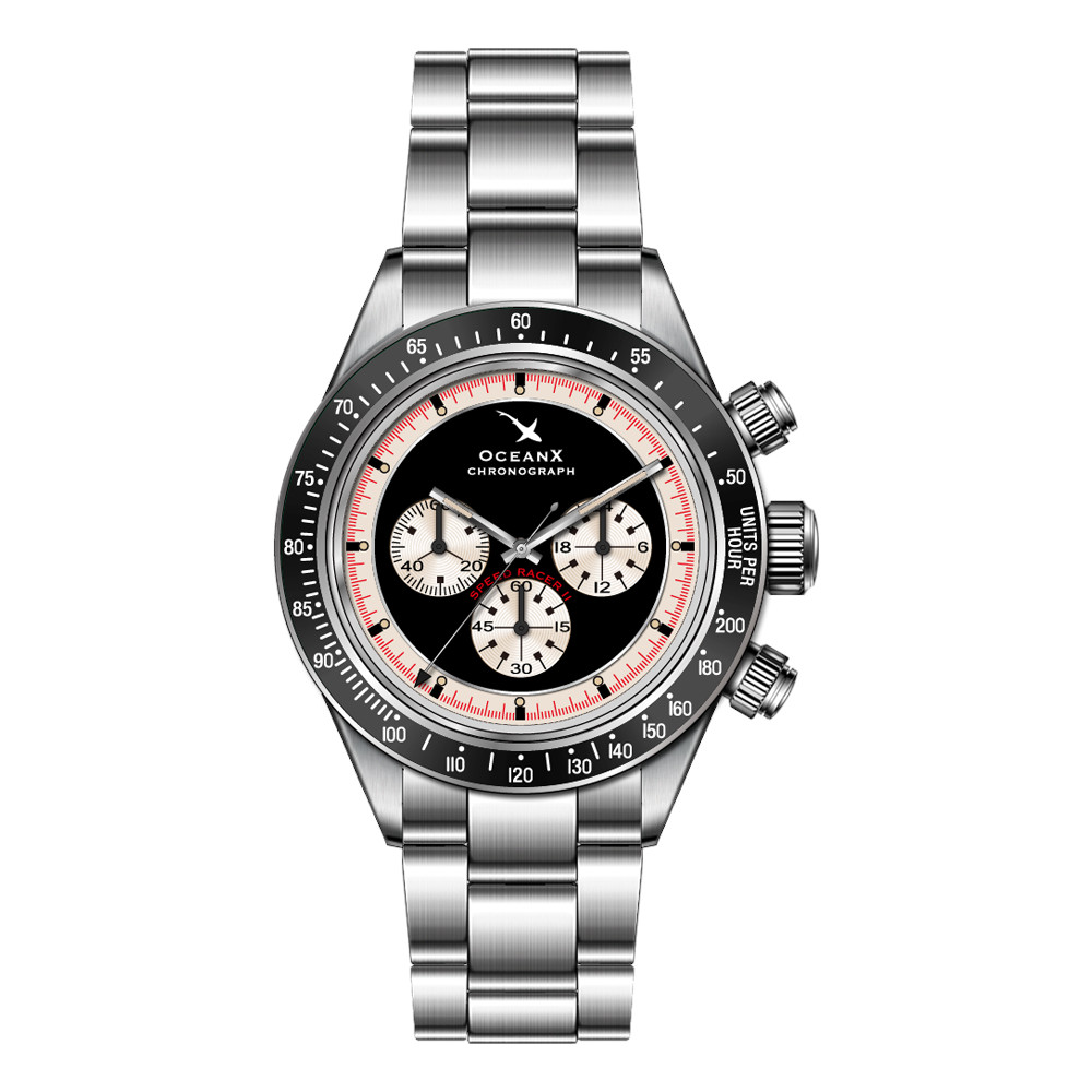 OceanX Speed Racer II Men's Watch 41.5mm WR 200m Bezel Steel & Black Ceramic SRS211 - Click Image to Close