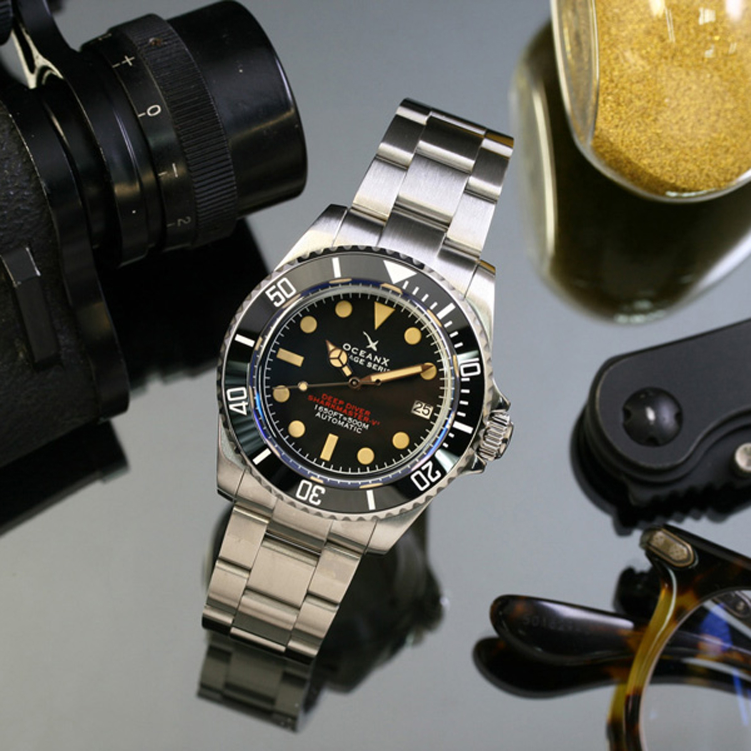 OceanX Sharkmaster-V2 Men's Diver Watch 40mm Black Dial / Black Bezel V2SMS521 - Click Image to Close