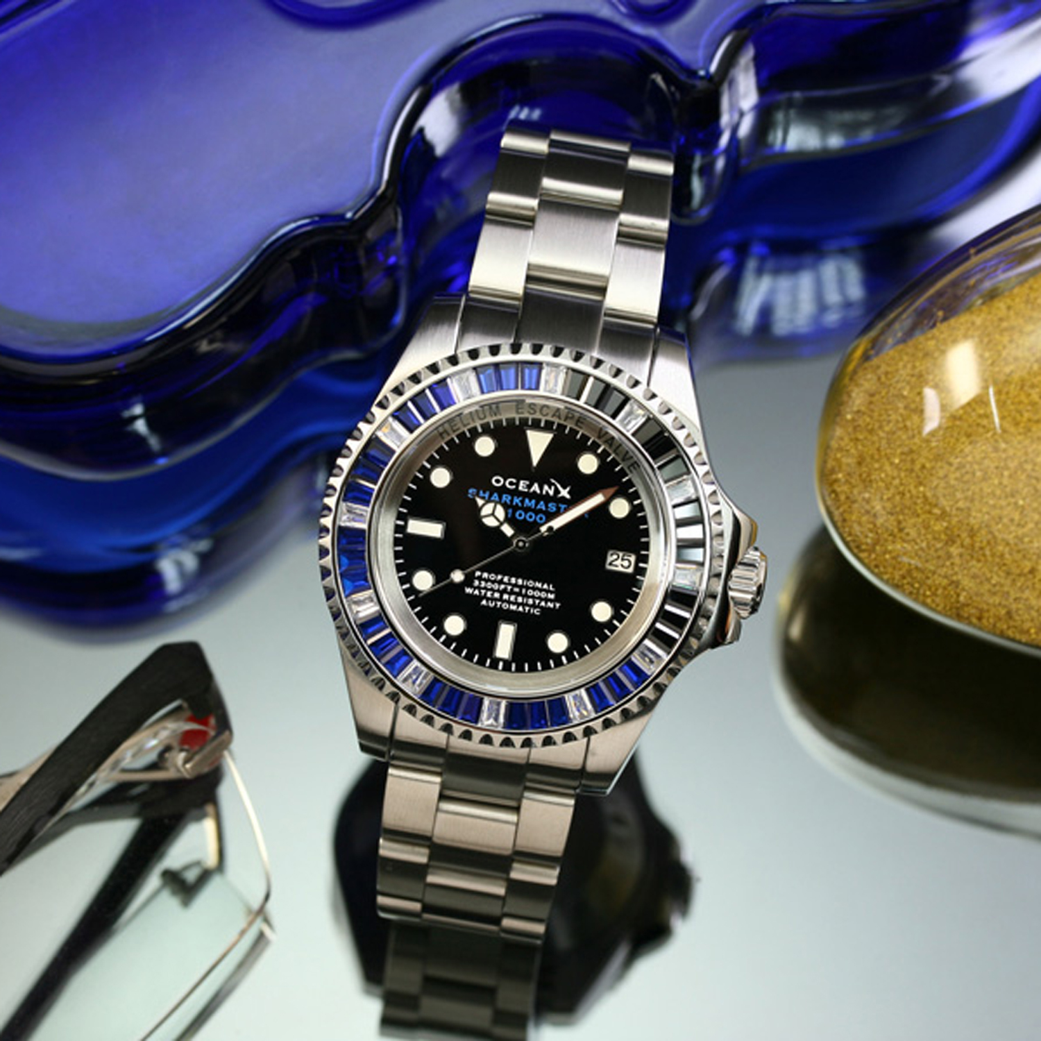 OceanX Sharkmaster 1000 Men's Diver Watch 44mm Baguette Crystal Bezel - Limited Edition SMS1044 - Click Image to Close
