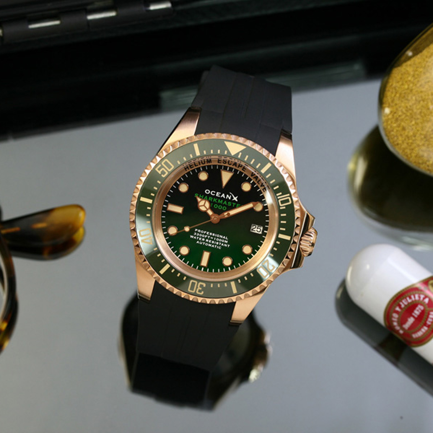 OceanX Sharkmaster 1000 Men's Diver Watch 44mm Black-Green Dial SMS1066 - Click Image to Close