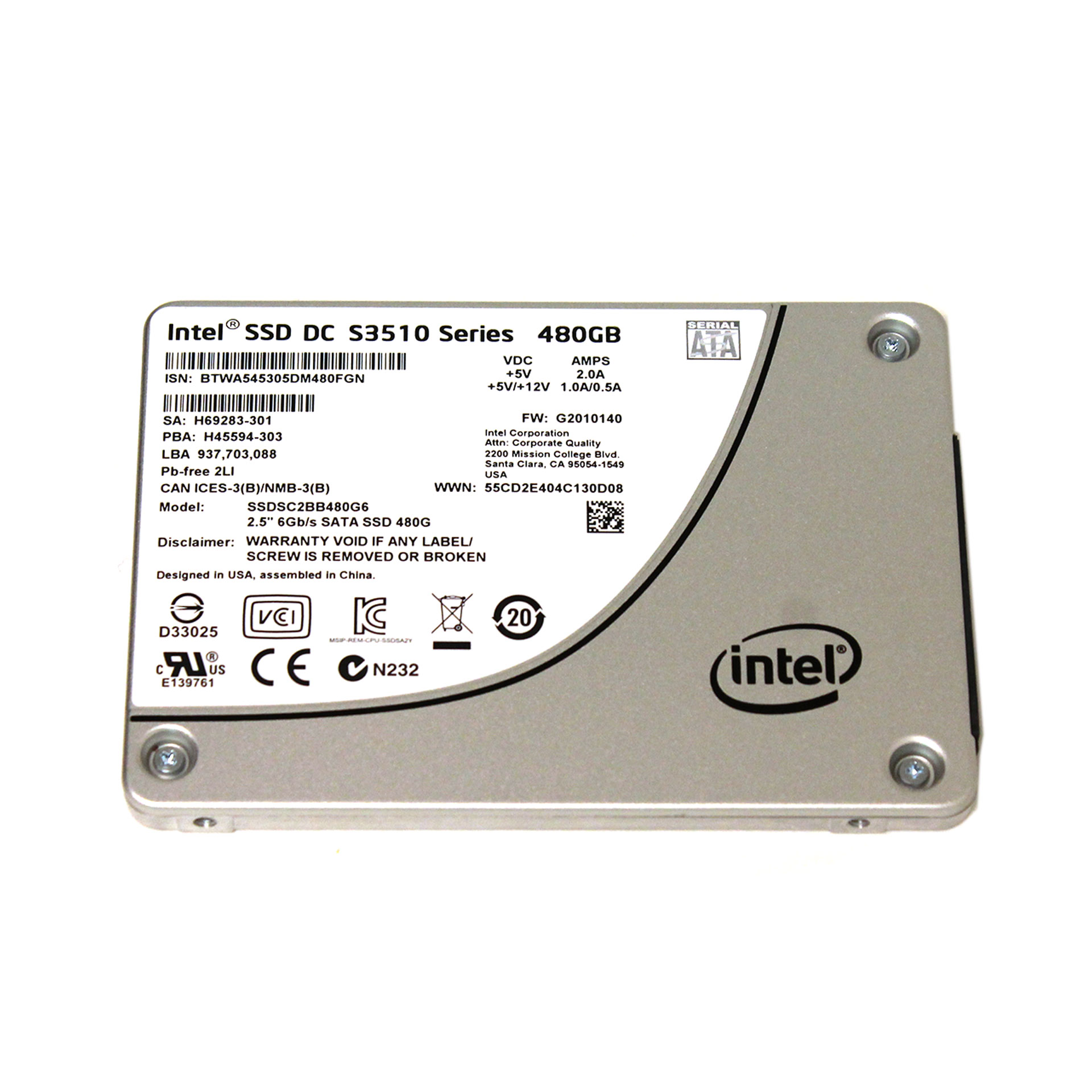 Intel SSDSC2BB480G6 DC S3510 SERIES 480 GB 2.5 6GB/S SATA SSD