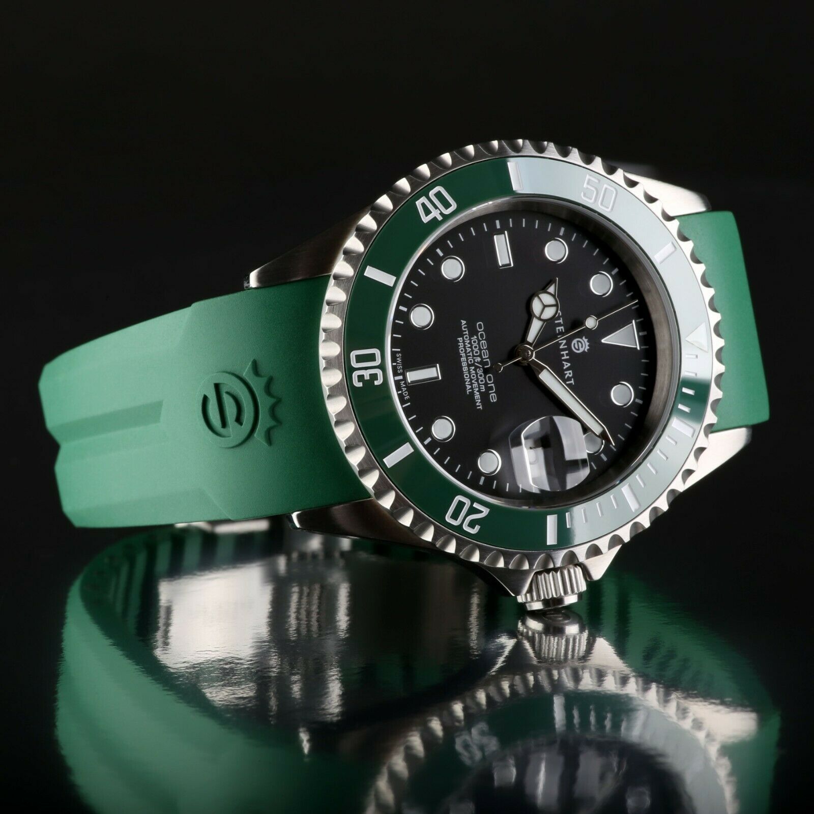 Steinhart OCEAN 1 Green Ceramic 42mm Swiss Automatic Watch with an Original Green Silicone Strap (clasp) - Click Image to Close