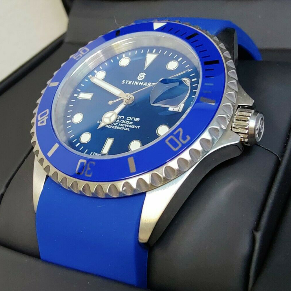 Steinhart OCEAN ONE Premium Men's Automatic Diver Watch 42mm 1000ft/300m Blue Silicone Strap 106-0458 - Click Image to Close