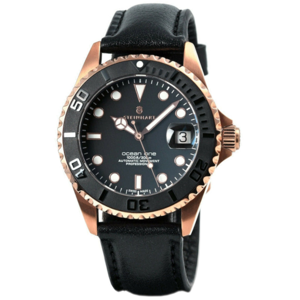 Steinhart Ocean One PINK GOLD Ceramic Bezel Automatic Swiss Dive Watch 103-0746 Black Leather Strap - Click Image to Close