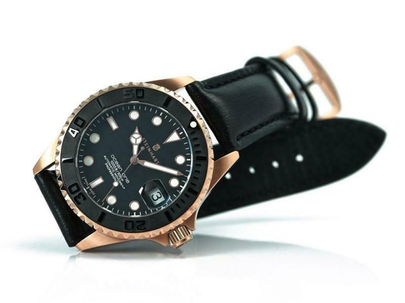 Steinhart Ocean One PINK GOLD Ceramic Bezel Automatic Swiss Dive Watch 103-0746 Black Leather Strap - Click Image to Close